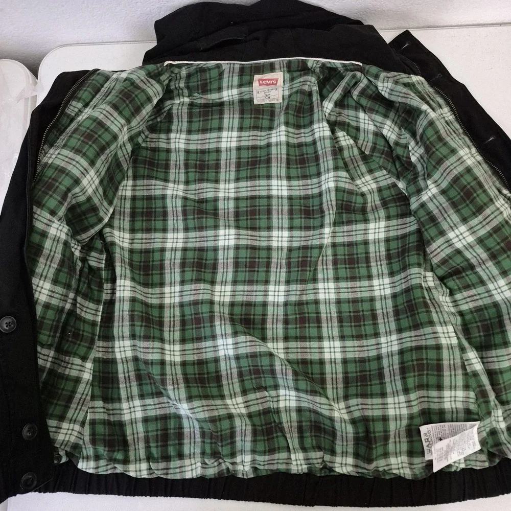 Levis Jacket Mens Small Black Canvas Plaid Lined Hooded Chore‎ Work Full Zip